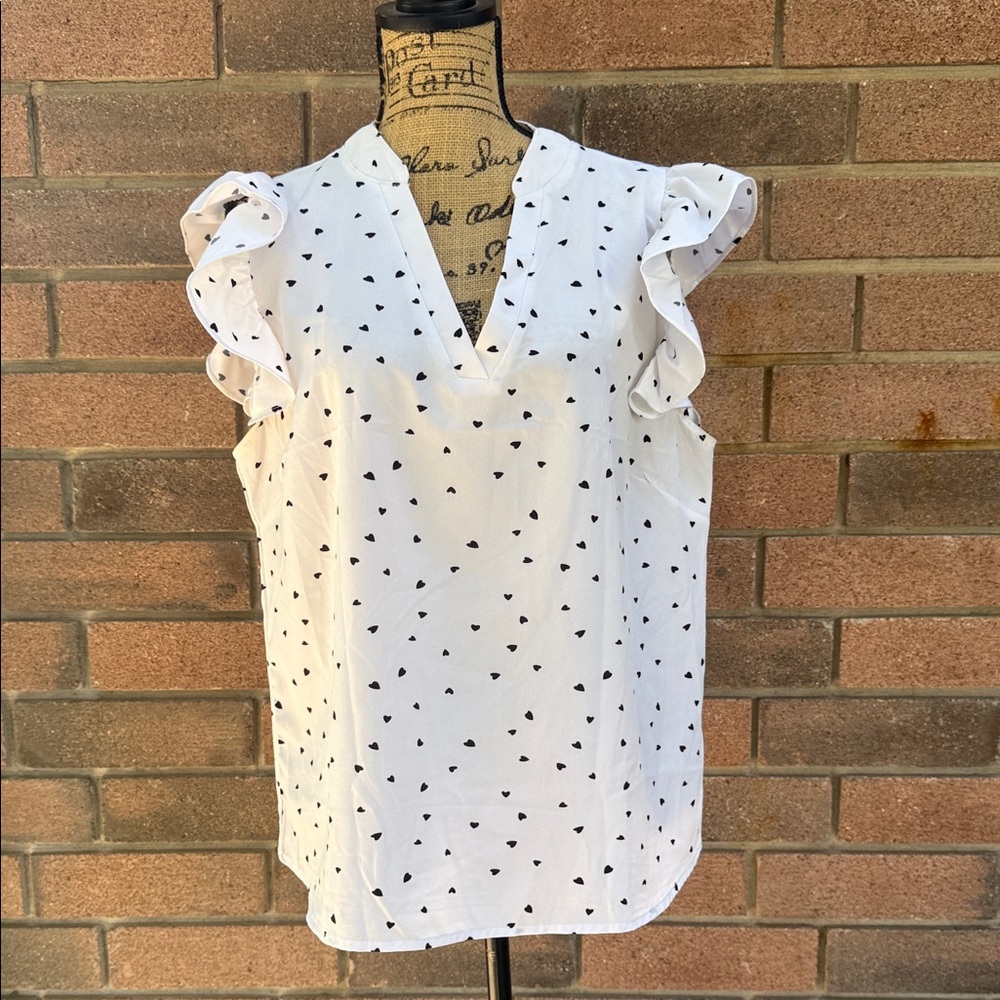 SHEIN White Blouse with Black Heart Pattern V Neck Ruffle Sleeve Size 0XL